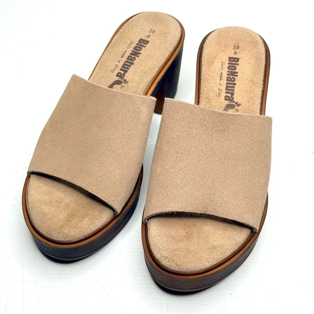 BIONATURA Italy Suede Leather Chunky Slip On High Heel Y2K Platform Sandals 8 39